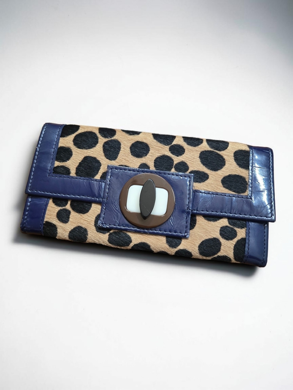 Boden Leopard Trifold Wallet with Indigo Trim & Turn-Lock Closure EUC $128